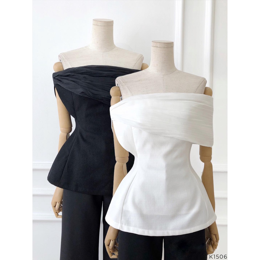 [HÀNG THIẾT KẾ CAO CẤP] Áo Peplum Xếp Li Lệch Vai (Không Kèm Tag Hoa) Màu Trắng Thanh Lịch