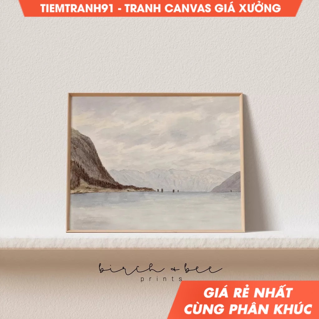 Tranh treo tường Vintage Mountain Lake Painting  Fjord  Lake House Wall Decor #69, tặng kèm đinh tre