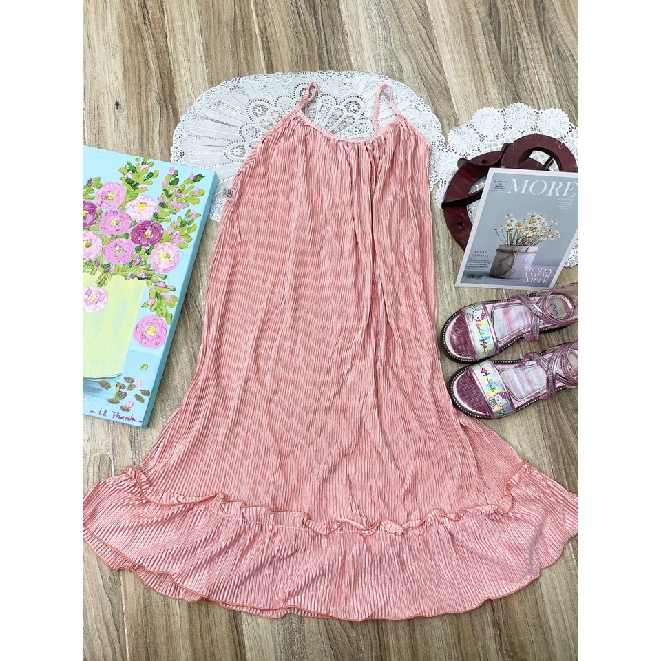 Váy 2 dây dập ly đi biển đi chơi cho bé gái size đại 20-38kg, đầm maxi xuông xếp ly, váy maxi đi biển cho bé gái