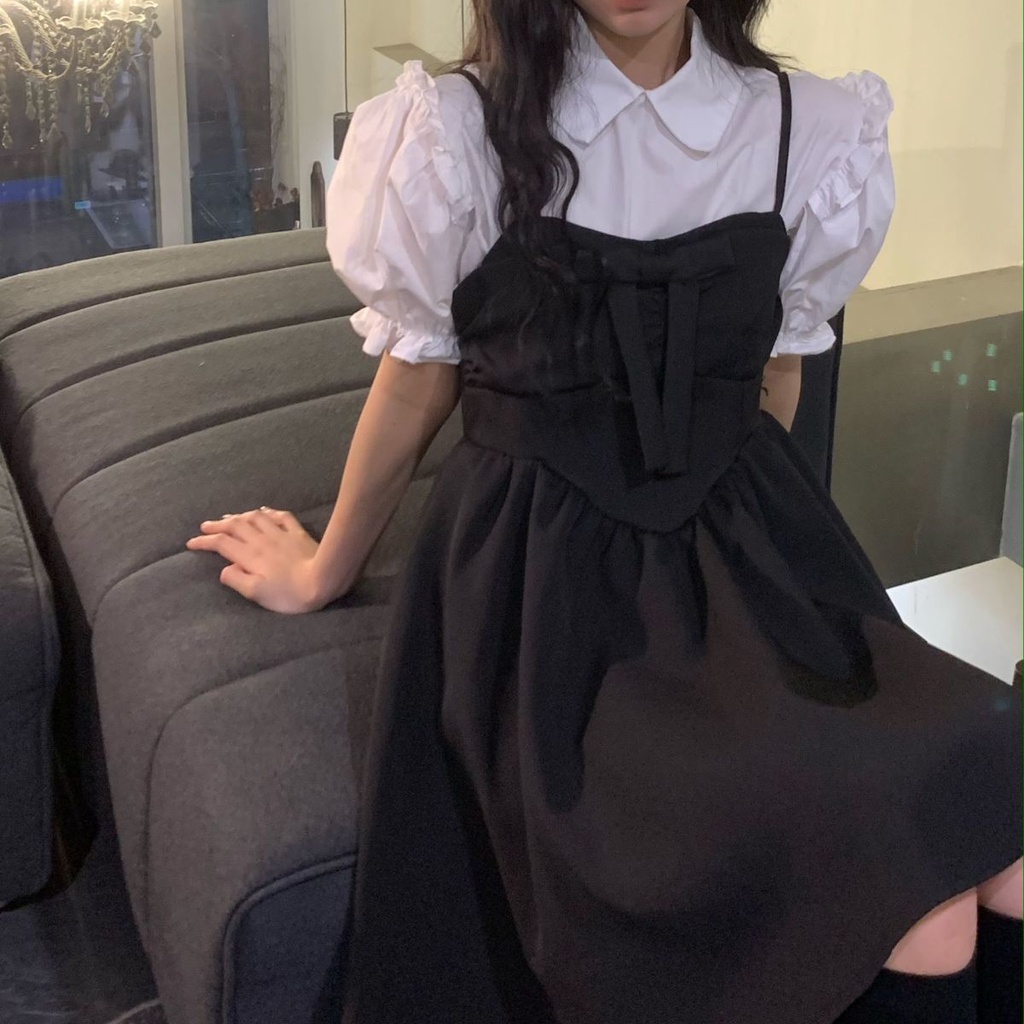 Set Áo Sơ Mi Trắng Tay Phồng + Đầm Chiết Eo Đính Nơ Thời Trang Dành Cho Nữ