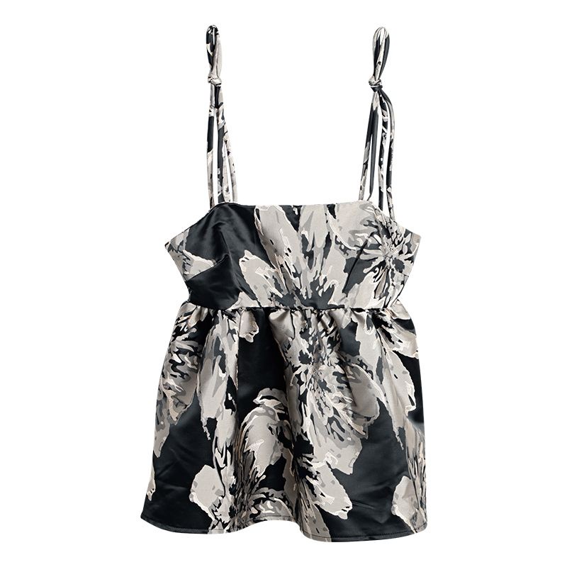 (Sẵn) Áo hai dây thắt nơ Miuna có hoạ tiết hoa, Áo babydoll hai dây phong cách retro | BigBuy360 - bigbuy360.vn