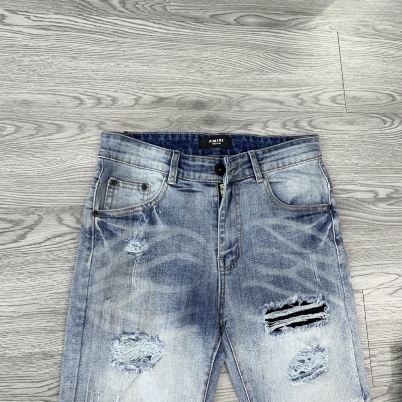 Quần jean bò nam slimfit wash xanh khói rách xước chỉ đùi gối vá vải nhăn đen phối ống loang sóng