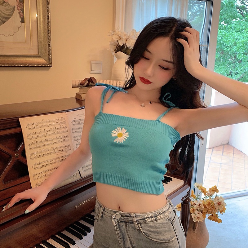 Áo Hai Dây Dệt Kim Dáng Ngắn Thêu Hoa Cúc Thời Trang Mùa Hè Quyến Rũ Cho Nữ