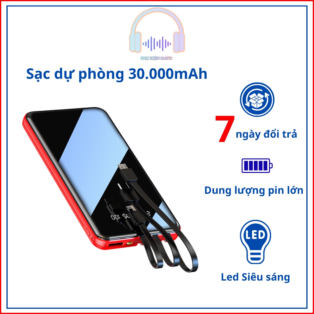 Sạc dự phòng 30000mAh, cục sạc dự phòng 3 đầu giá rẻ mini hỗ trợ sạc nhanh - Phụ kiện Nato