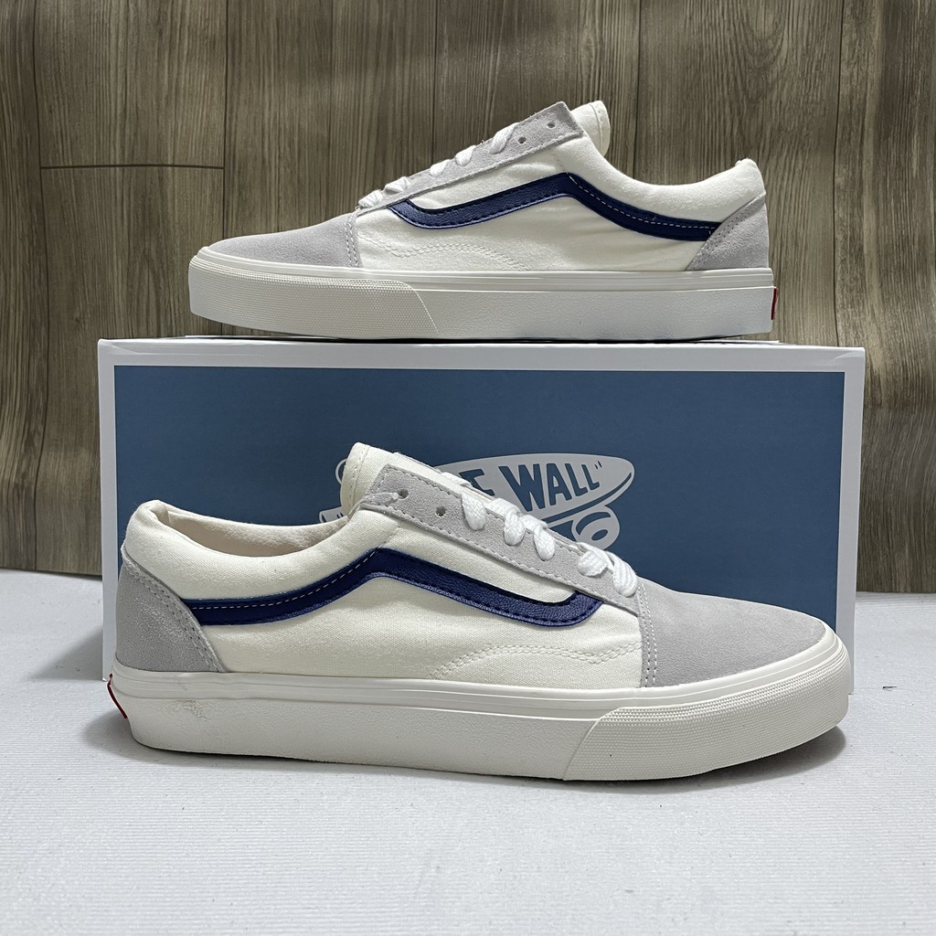 Giày thể thao nam nữ Vans vault old skool màu trắng xanh - Giày Vans old skoll màu trắng vệt xanh than navy Full Box