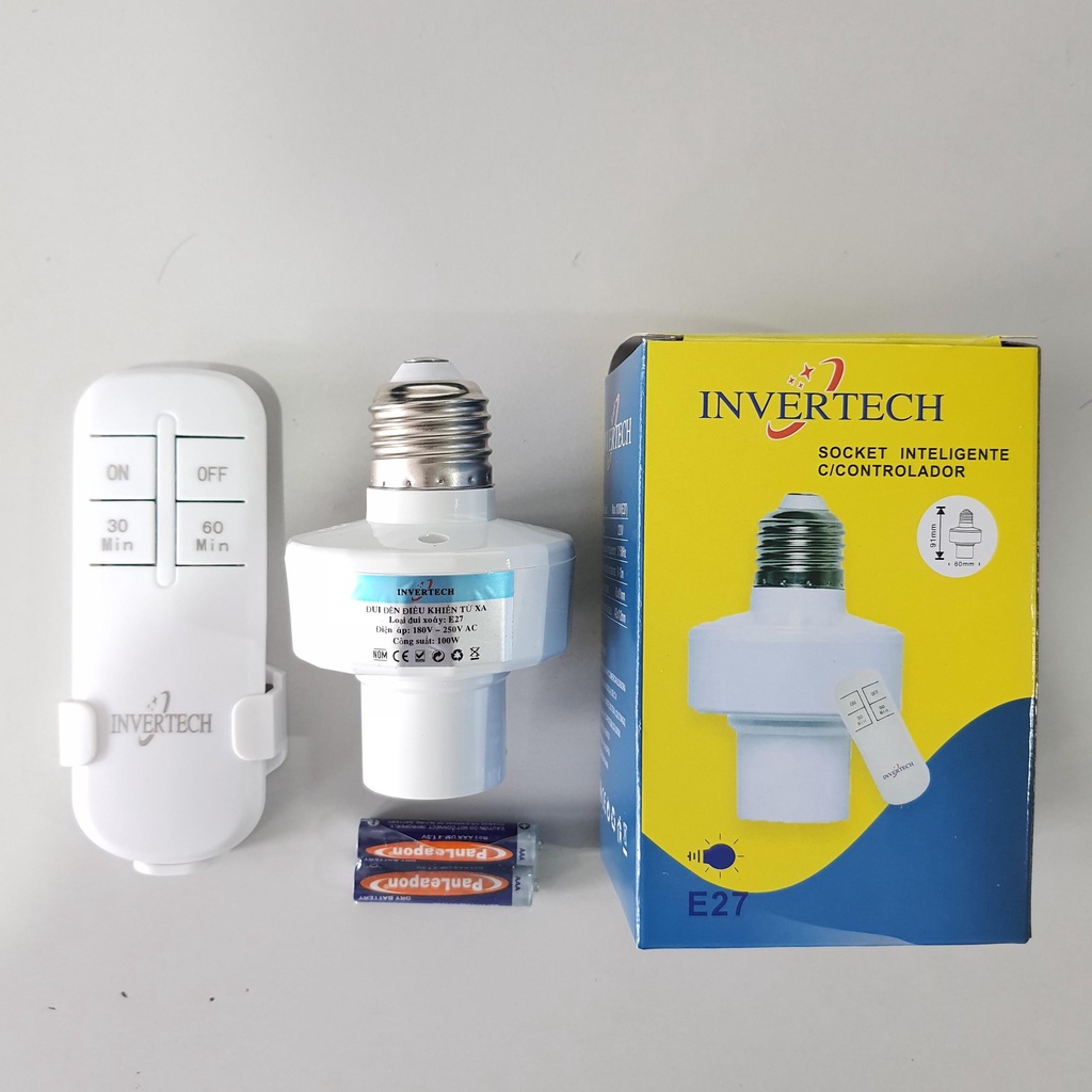Đui đèn điều khiển từ xa E27 220V 100W INVERTECH có chức năng hẹn giờ tắt HÀNG CHÍNH HÃNG bắt sóng khoẻ xuyên tường