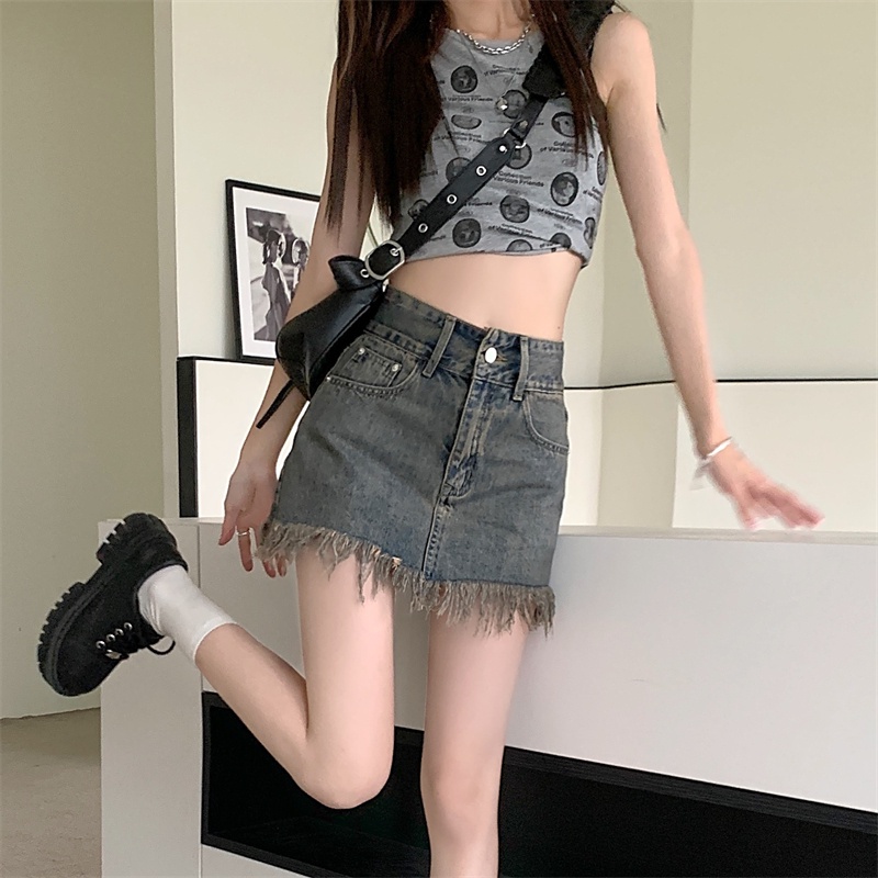 chân váy jean đầm denim lưng cao phối tua rua phong cách retro thời trang cho nữ