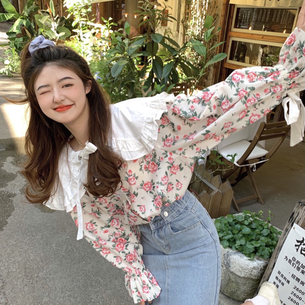 Áo Kiểu Tay Dài Cổ Búp Bê Cột Dây In Họa Tiết Hoa Xinh Xắn Thời Trang Cho Nữ