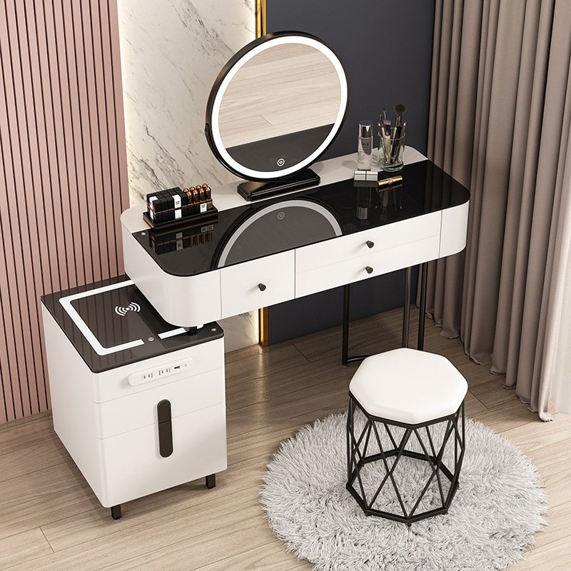 Bàn trang điểm kèm gương đèn Led cảm ứng 3 màu hiện đại, bàn phấn có tủ và ngăn kéo, kèm loa bluetooth sặc không dây