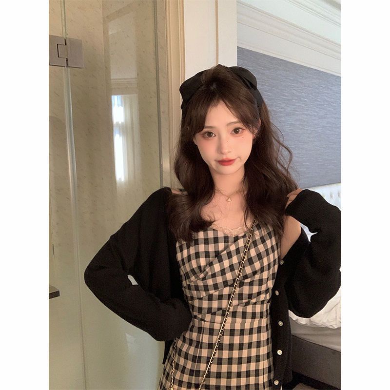 Đầm Dệt Kim Dáng Dài Chống Nắng Họa Tiết Sọc Caro Phong Cách Pháp Cổ Điển Thời Trang Mùa Xuân Cho Nữ