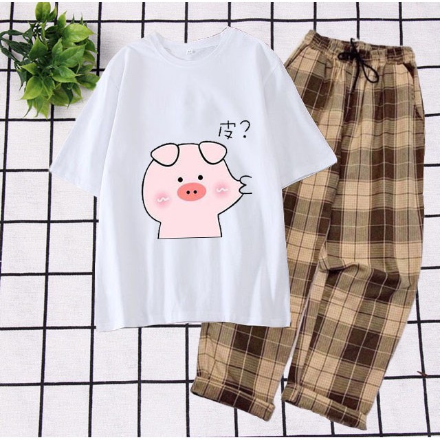 Sét Quần Áo Thời Trang Nữ DVGIT Fashion Áo Phông In Lợn Bẹo Má Kèm Quần Dài Phong Cách Hàn Quốc
