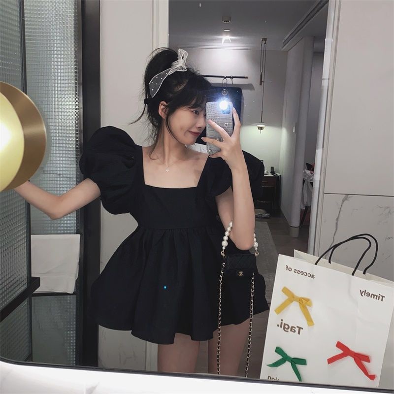 COZOK Đầm Cổ Vuông Tay Phồng Lưng Cao Hở Lưng Phong Cách Pháp Thời Trang Mùa Hè Cho Nữ