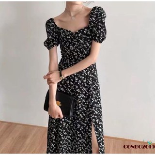 Đầm Dáng Dài Tay Phồng Xẻ Tà In Họa Tiết Hoa Xinh Xắn Thời Trang Mùa Hè Cho Nữ