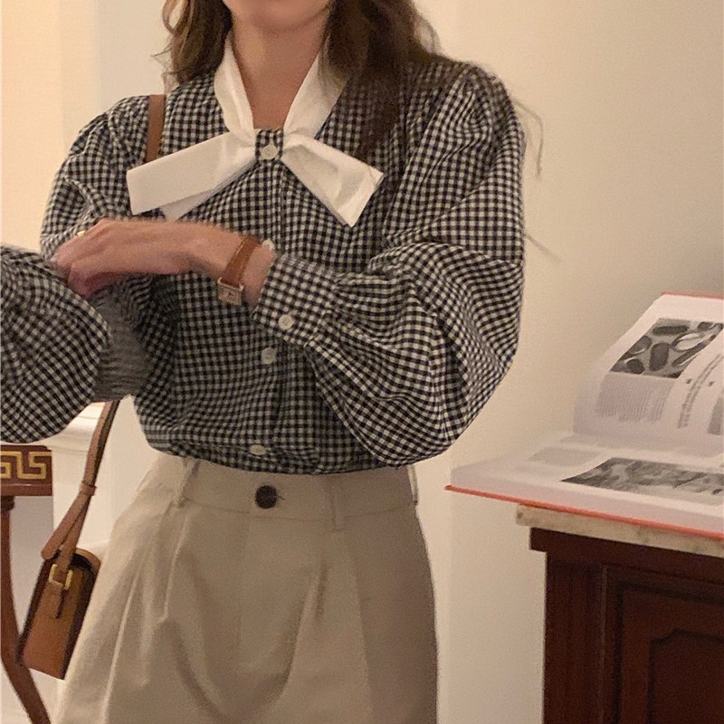 Áo sơ mi SUXI tay dài thắt nơ họa tiết kẻ sọc màu tương phản phong cách Hàn Quốc