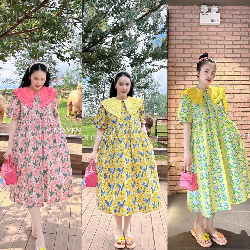 Váy Hoa Babydoll Cổ Bèo Tầng 3 Màu Form Rộng Thoải Mái