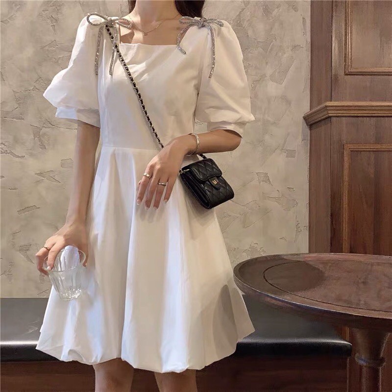 Đầm Nữ Vai Nơ Cổ Vuông Váy Nữ Cộc Tay Dáng Xòe 2 Màu QM|SU
