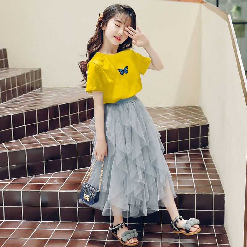 Set Áo Thun Ngắn Tay + Chân Váy Lưới Phồng Thời Trang Cho Bé Gái