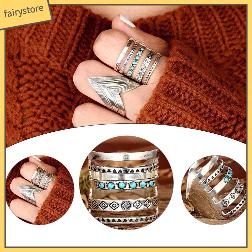 [Fairy1] Nhẫn Nhiều Lớp Họa Tiết Biểu Tượng Đính Đá Ngọc Lam Phong Cách Bohomian Cho Nữ