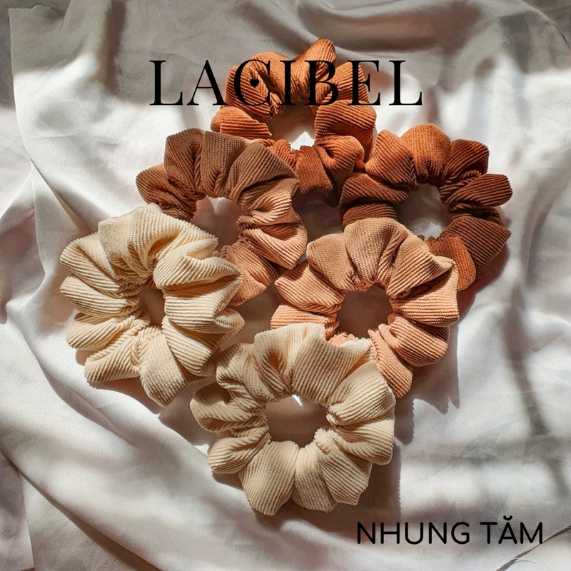 Cột tóc LACIBEL scrunchies, buộc tóc vải nhung tăm nâu be