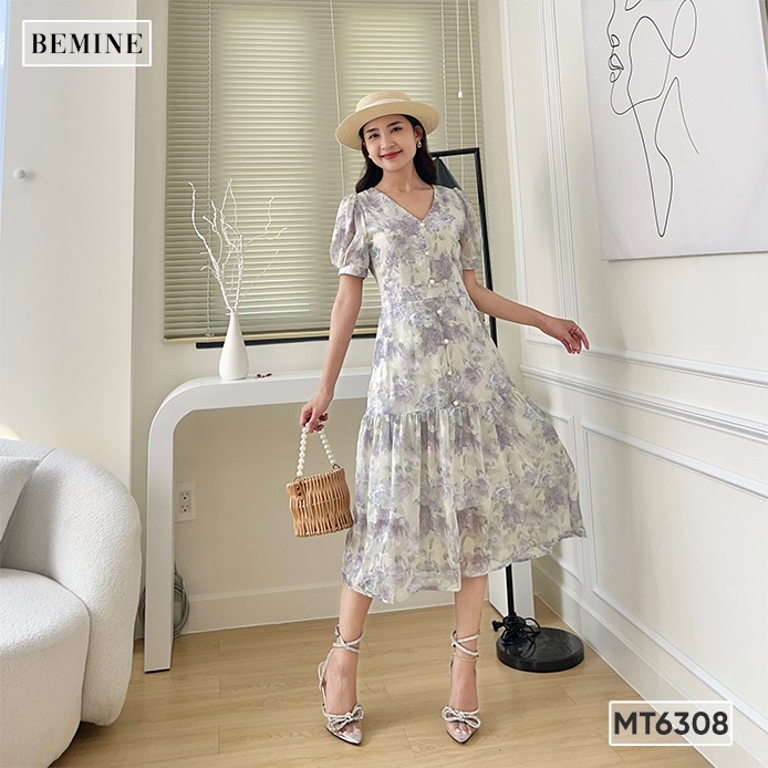 Đầm nữ cổ tay phồng đính nút BEMINE MT6308