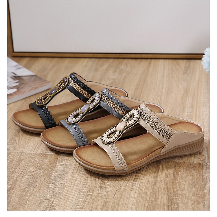 Giày Sandal Đế Bệt Mũi Tròn Size Lớn Thoải Mái Phong Cách Bohemian