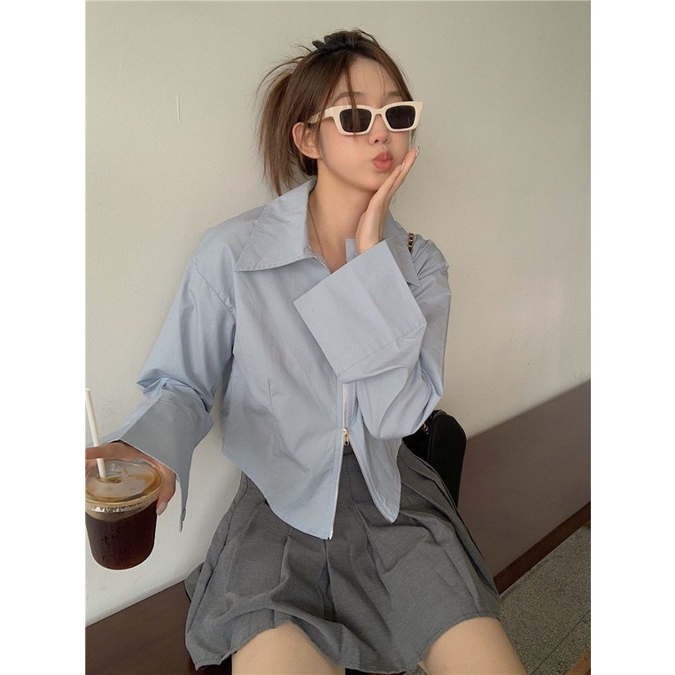 COZOK Áo Sơ Mi Dài Tay Màu Trơn Phối Khóa Kéo Thời Trang