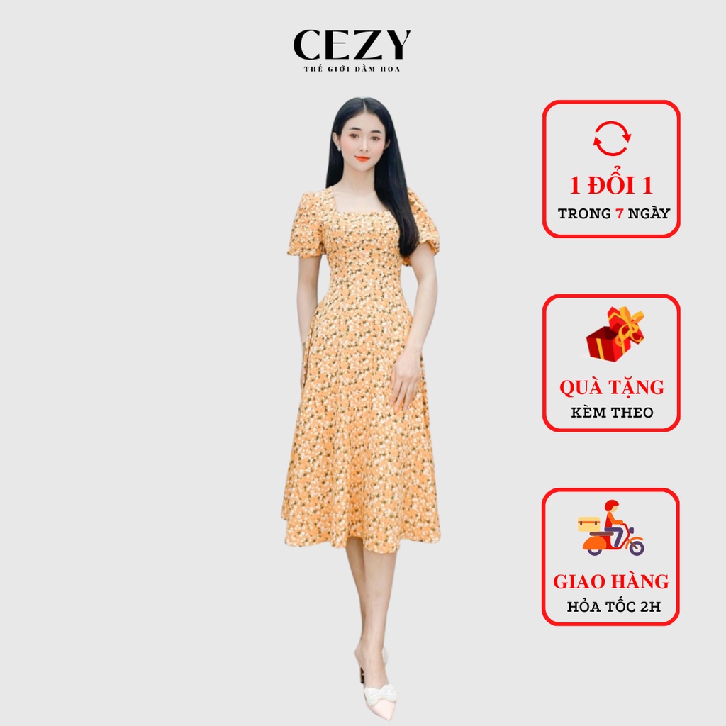 Đầm hoa nhí cổ vuông tay phồng dây thắt nơ eo có size bigsize CEZY D95