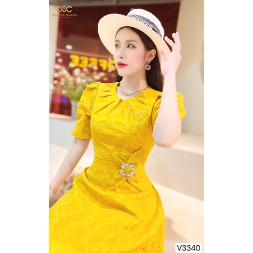 V3340 váy xoè hoa màu vàng