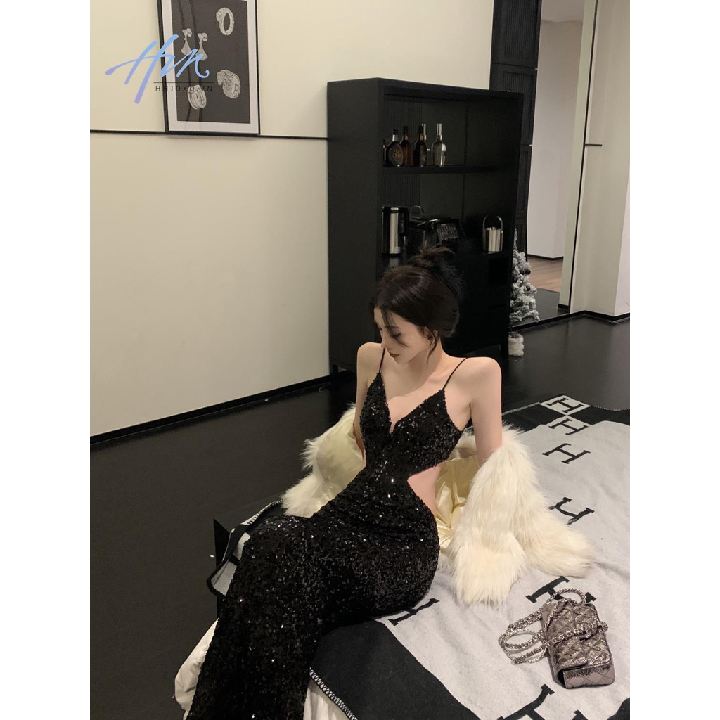 Hhjdxd Đầm Hai Dây Dáng Dài Đính Kim Sa Màu Đen Thời Trang Mùa Xuân Quyến Rũ Cho Nữ