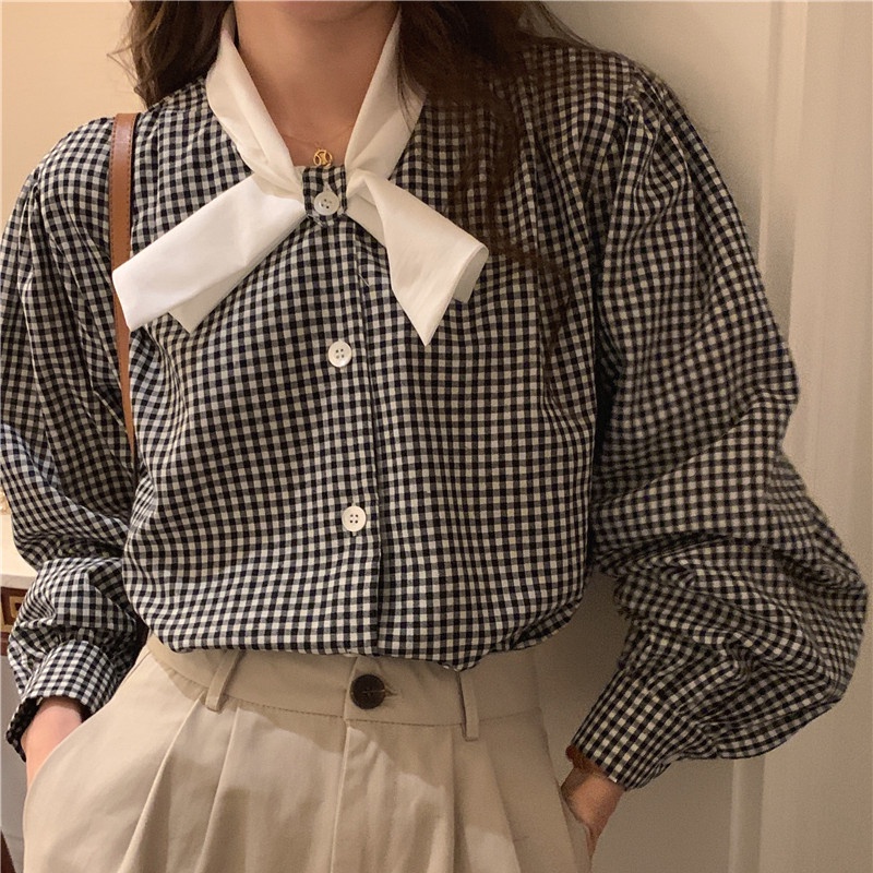 Áo sơ mi SUXI tay dài thắt nơ họa tiết kẻ sọc màu tương phản phong cách Hàn Quốc