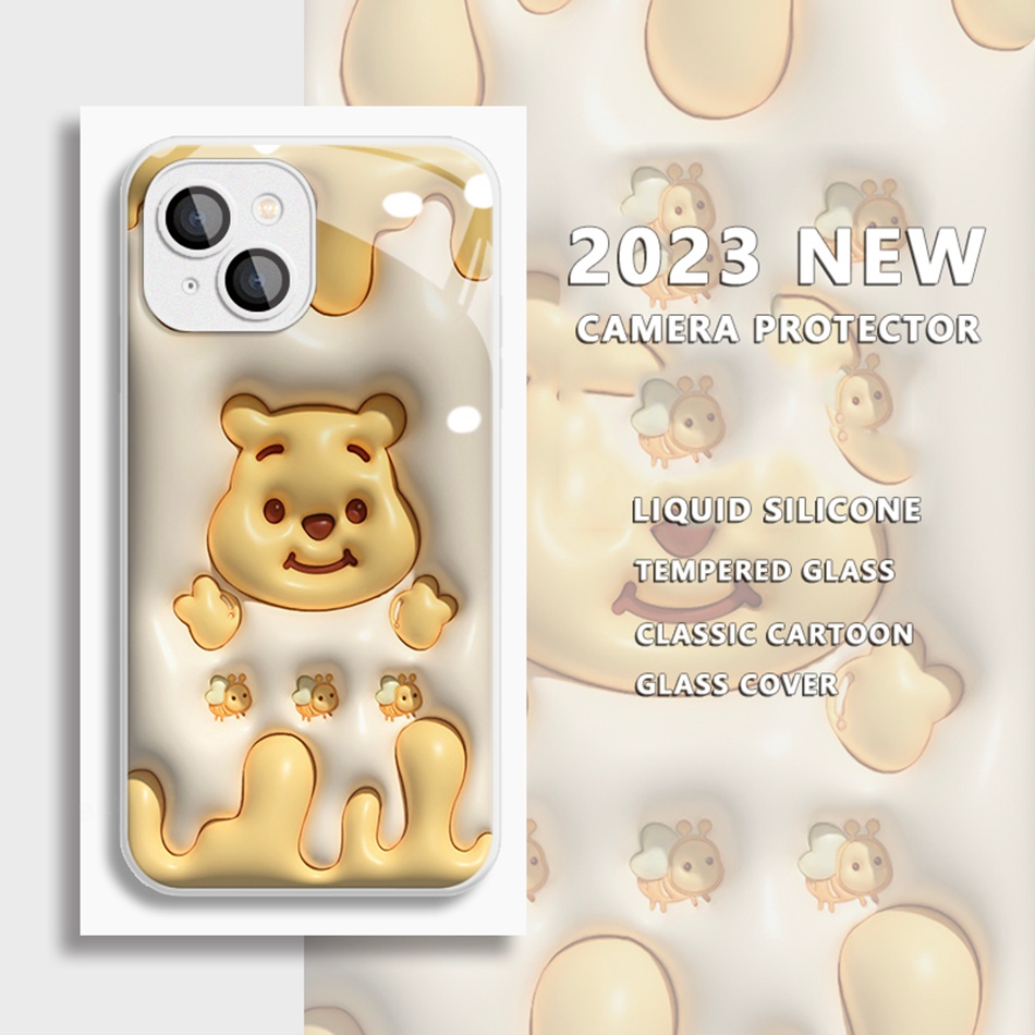 Ốp Điện Thoại Mặt Kính Cường Lực Hình Gấu Pooh Cho iPhone 11 12 13 14 Pro Max Plus 11Pro 13Pro 14Pro