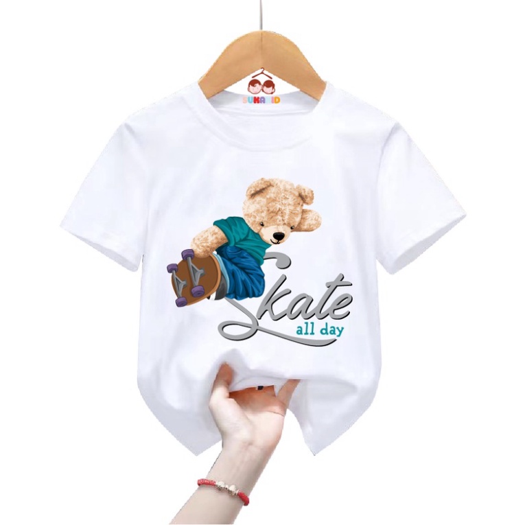 Áo thun trẻ em be trai bé gái hình gấu SKATE all day cho bé từ 6kg đến 30kg.G32.