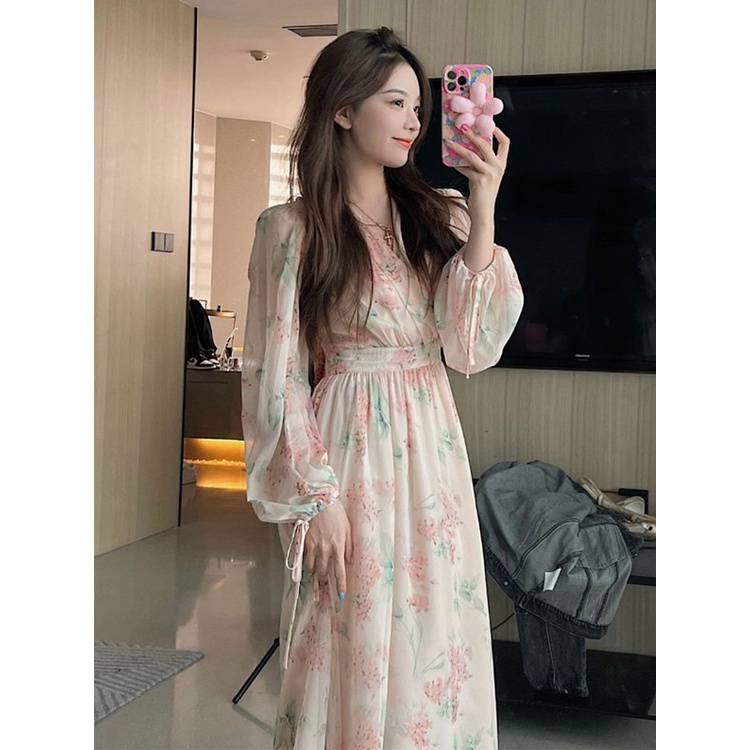 Đầm Chiffon Dài Tay Dài In Họa Tiết Hoa Mẫu Mới 2023 Thời Trang Mùa Hè Cho Nữ