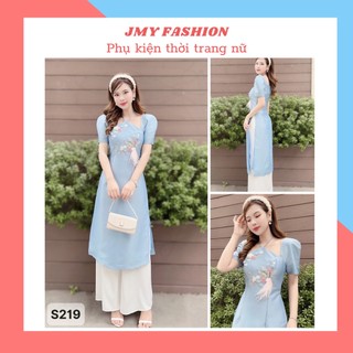 S219 Set áo dài cách tân tafta xanh [DVC&ACC] set áo dài tay ngắn nữ tính (FREESHIP)