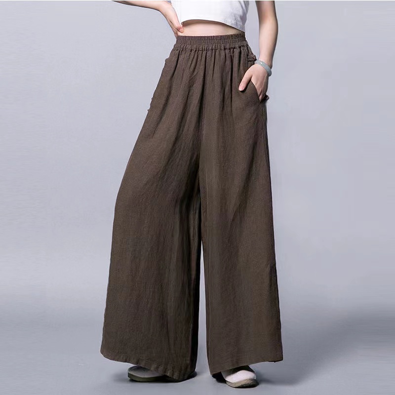 Quần Dài Vải Lanh Cotton Mỏng Ống Rộng Lưng Cao Thoáng Khí Size M-3XL