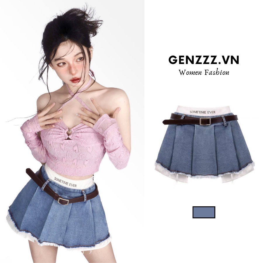 Chân váy xếp ly denim cạp cao kèm thắt lưng, phong cách trẻ trung, cá tính, váy jean thời trang xuân hè mới dành cho nữ