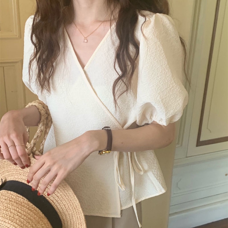 Plus Áo Kiểu Tay Phồng Cổ Chữ V Thời Trang Mùa Hè Hàn Quốc Cho Nữ