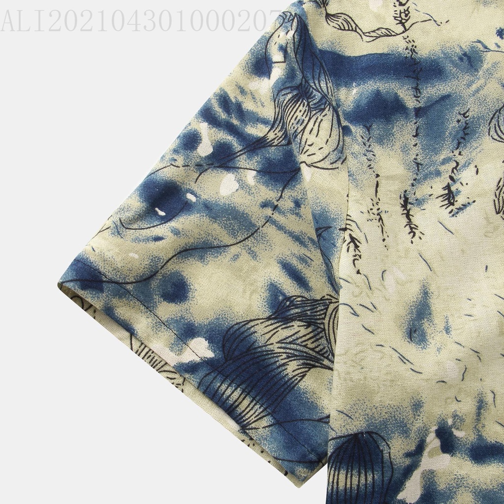 Áo Sơ Mi Cotton Lanh Ngắn Tay Cổ Đứng Phối Màu Nhuộm Họa Tiết Hoa Phong Cách Retro Cho Nam