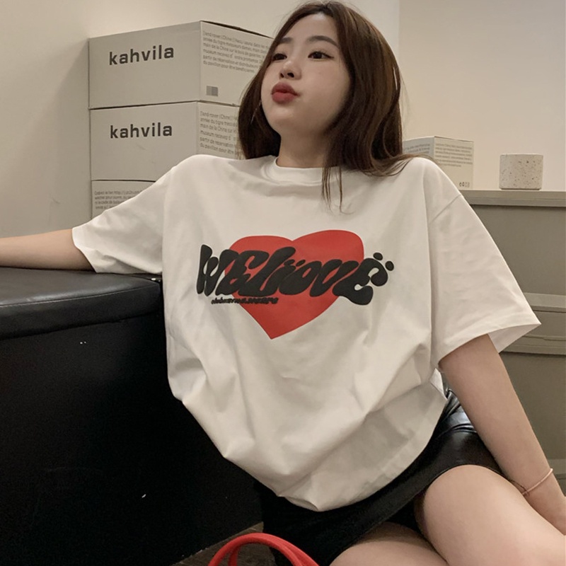 IELGY   Áo Thun Nữ Ngắn Tay In Hình Trái Tim