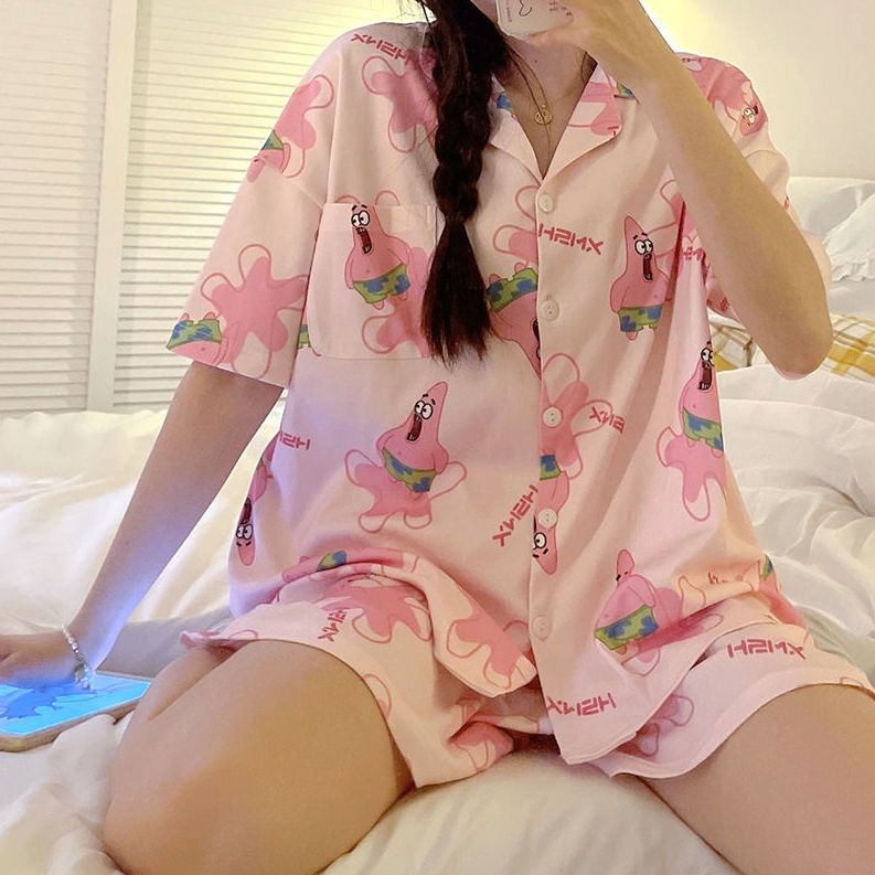 Bộ Đồ Ngủ Ngắn Tay Dáng Rộng In Họa Tiết Hoạt Hình Theo Phong Cách Mùa Hè Hàn Quốc Dành Cho Nữ