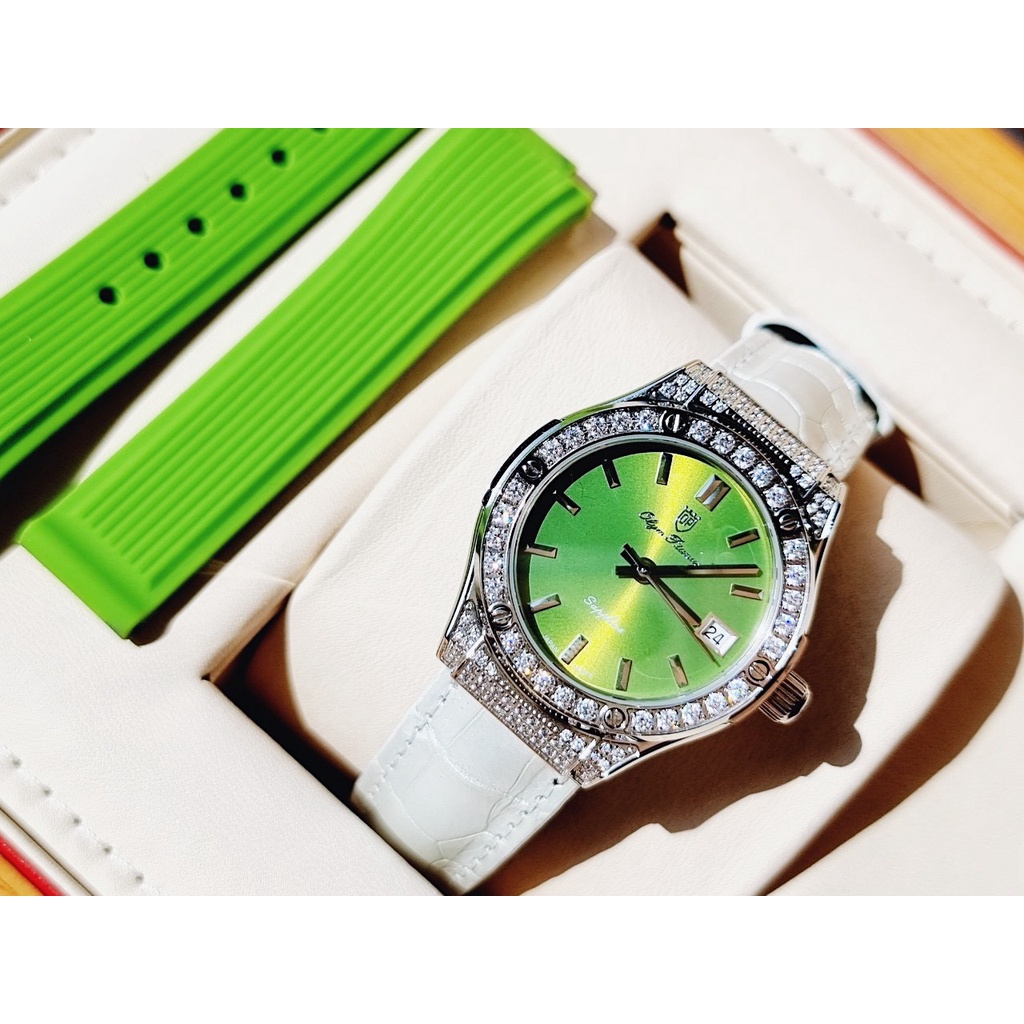 đồng hồ nữ Olym pianus xanh lá tặng dây da trắng Phiên bản Hublot
