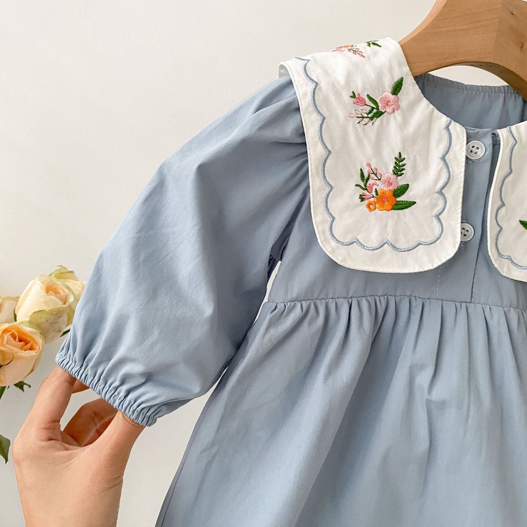 Đầm cotton Trơn Thêu Họa Tiết Phong Cách Hàn Quốc Xinh Xắn Dành Cho Bé Gái