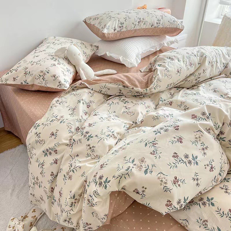 Chăn Ga Gối Cotton Living " Hồng Kẻ Đen " - Bộ Chăn Ga Gối Cotton 100% Nhập Khẩu 4 món