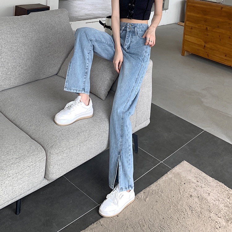 Quần Jeans Nữ Lưng Cao Ống Rộng Xẻ Tà Thời Trang Hàn Quốc Mới