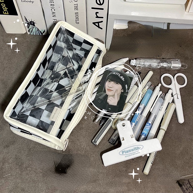 Túi Đựng Bút Chì Kẻ Ô Màu Trắng Đen Trong Suốt Sức Chứa Lớn RYVN