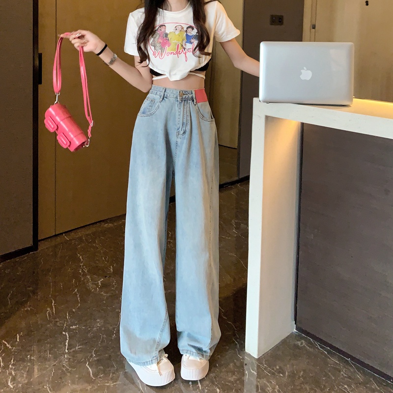 Qkoole Quần jeans Nữ Lưng Cao Ống Rộng Thời Trang