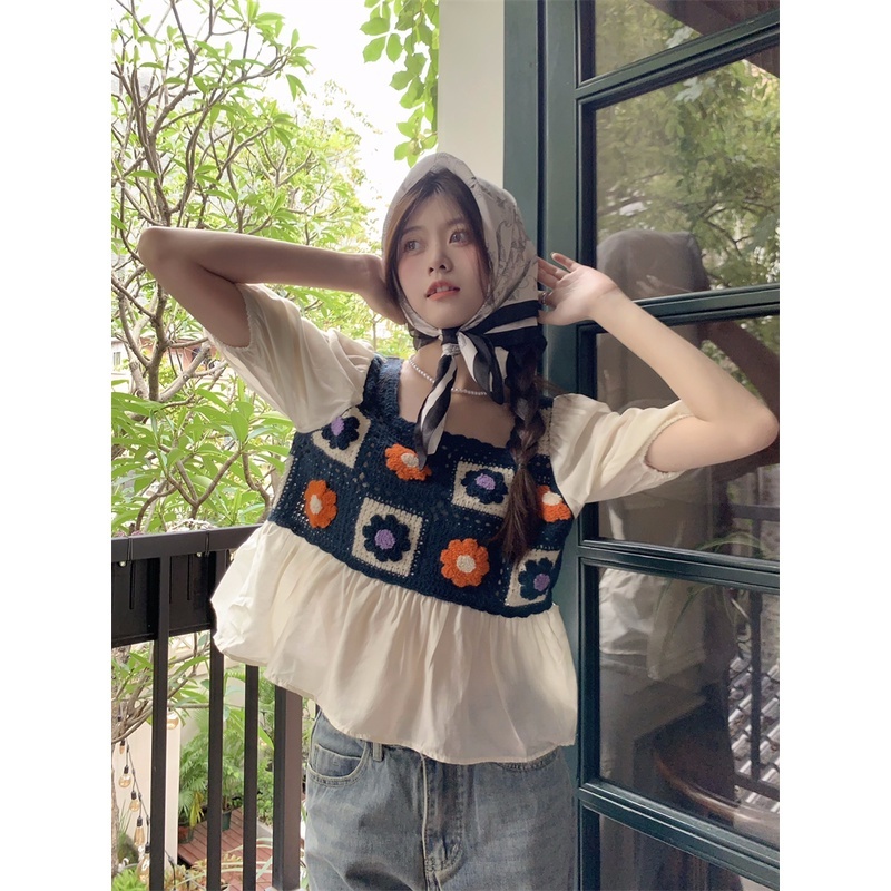 Áo Kiểu Búp Bê Tay Ngắn Họa Tiết Hoa Xinh Xắn Thời Trang
