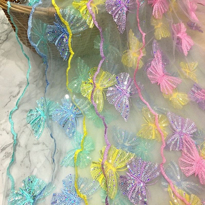 Tấm Vải Ren Lưới Thêu Hình Bướm Đính Kim Sa Lấp Lánh Dùng May Quần Áo DIY