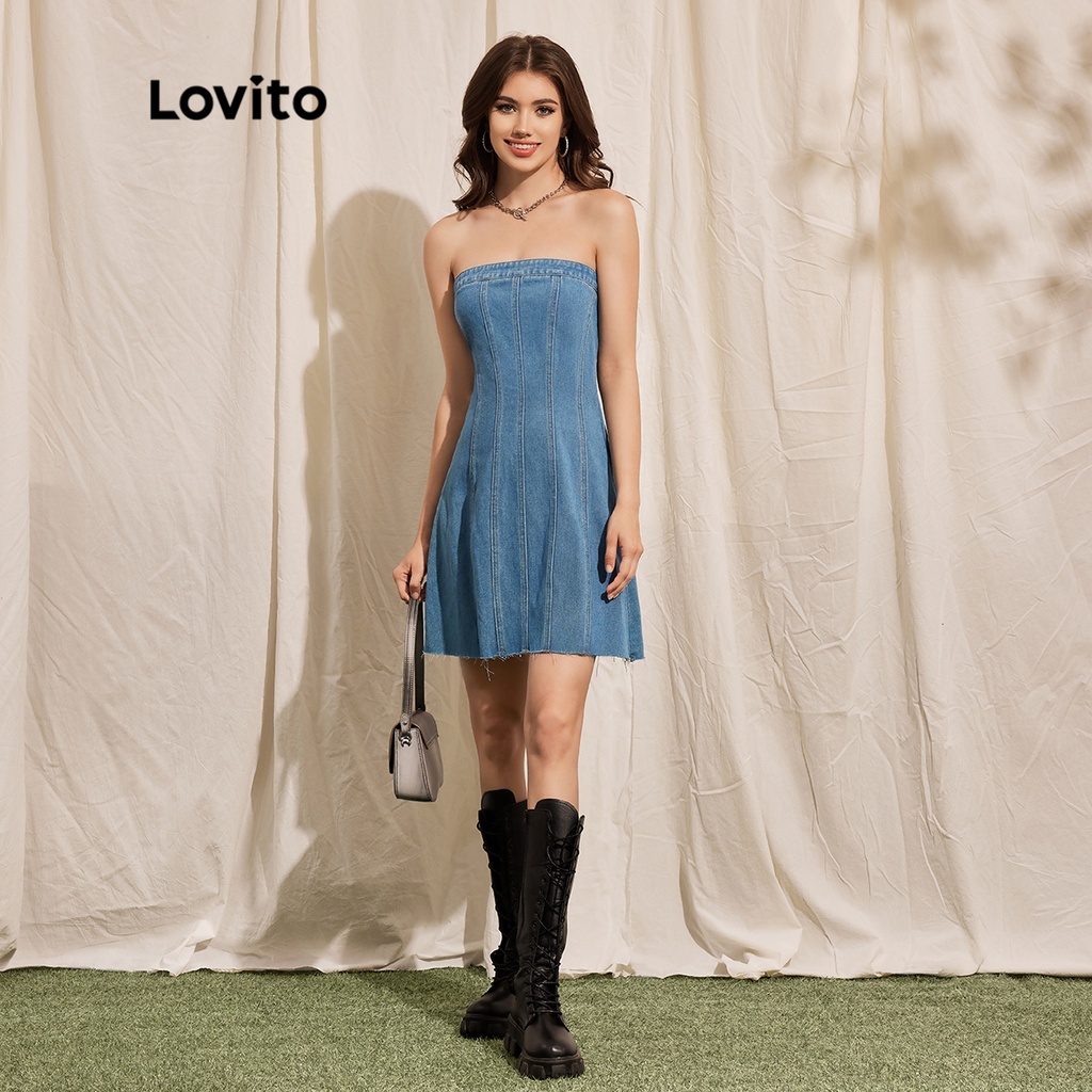 Đầm Denim Trơn Dây Rút Sau Lưng L37ED044 (Xanh Dương) Cho Nữ