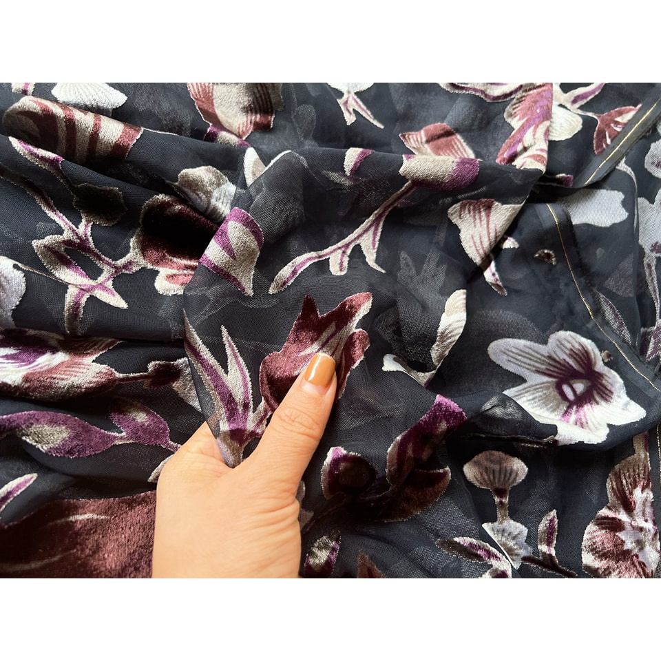 Vải nhung the tơ tằm ép hoa